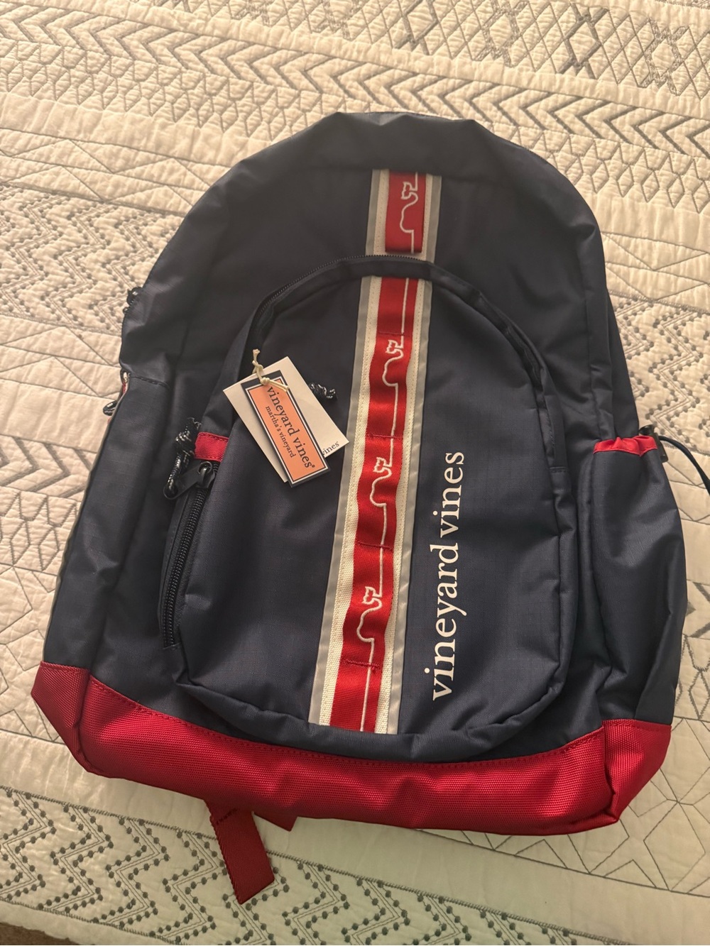 Vineyard Vines Navy Backpack with Red & Cream Center Stripe